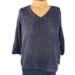 Liz Claiborne XL Navy Blue Open Knit Weave V-Neck 3/4 Sleeve Cotton Sweater
